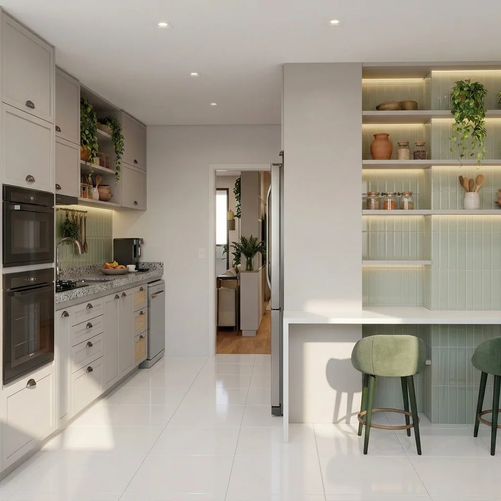 Cozinha em cinza claro com armários estilo shaker, nichos iluminados com revestimento verde, bancada branca para refeições e banquetas verdes.