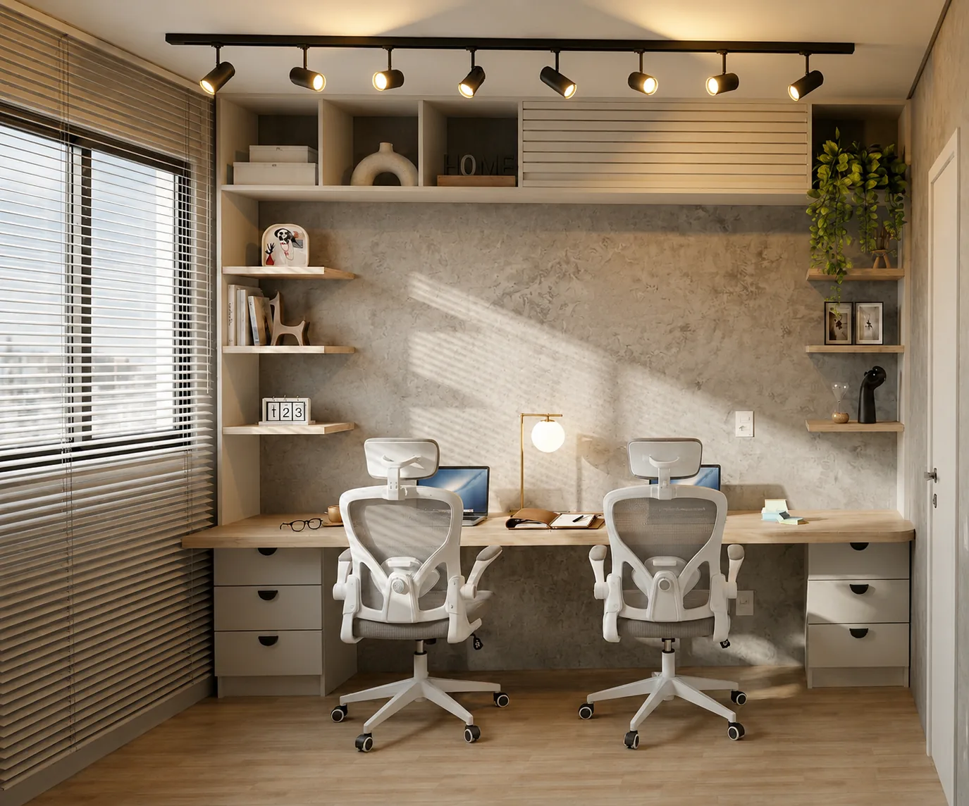 Home office para duas pessoas com bancada contínua de madeira, cadeiras ergonômicas brancas, estante com nichos e trilho de spots.