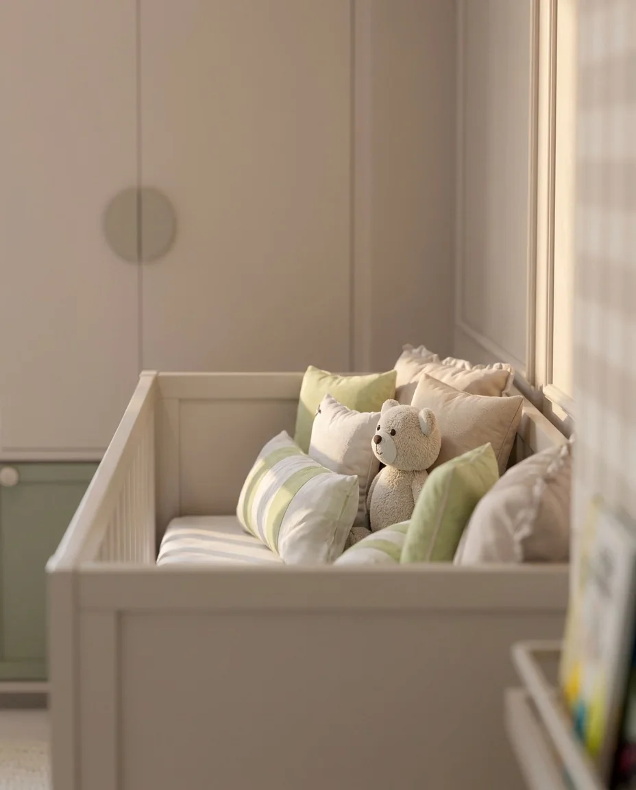 Quarto de bebê em tons neutros com berço branco, almofadas em verde-claro e um ursinho de pelúcia.