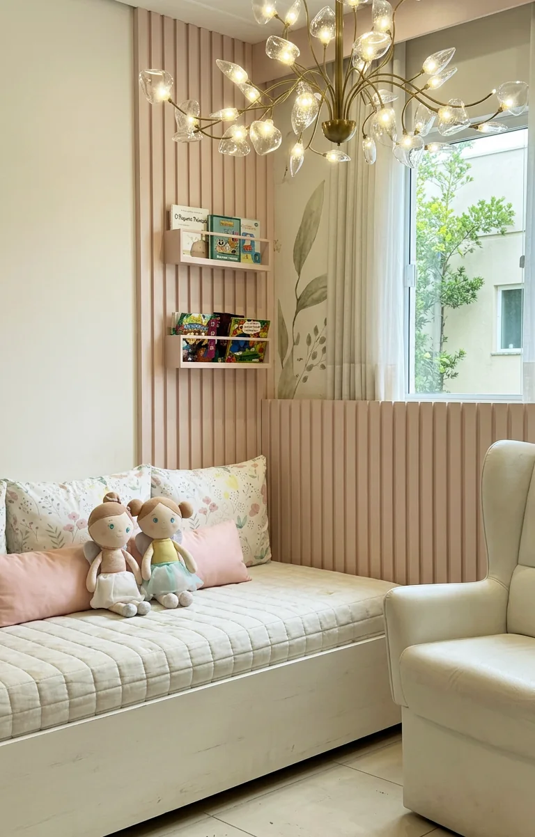 Quarto infantil em tons claros com cama cheia de almofadas, painel ripado, prateleira com pelúcias, varal de luzes e janela ampla.