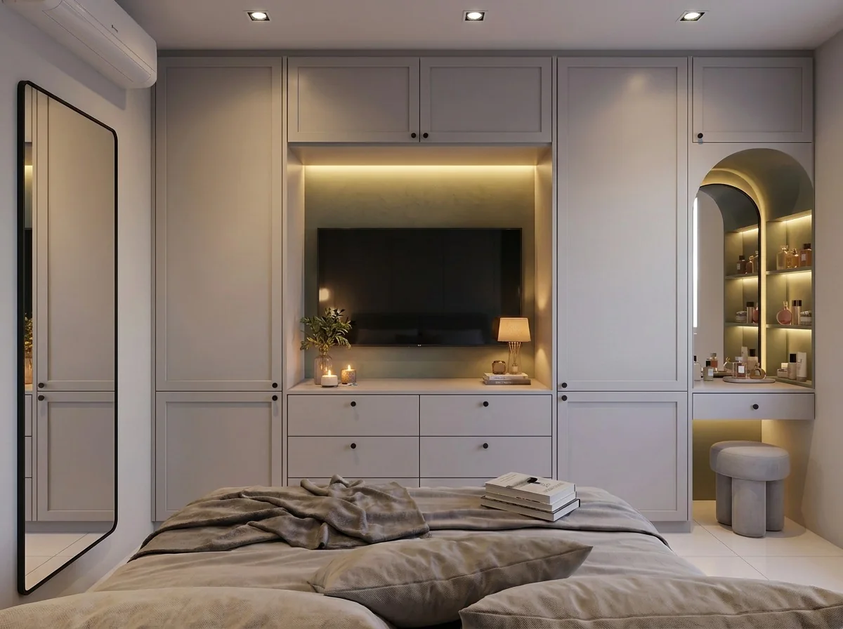 Suíte master com marcenaria clara do piso ao teto, painel de TV com luz embutida, cama em tons neutros e penteadeira em nicho arqueado.